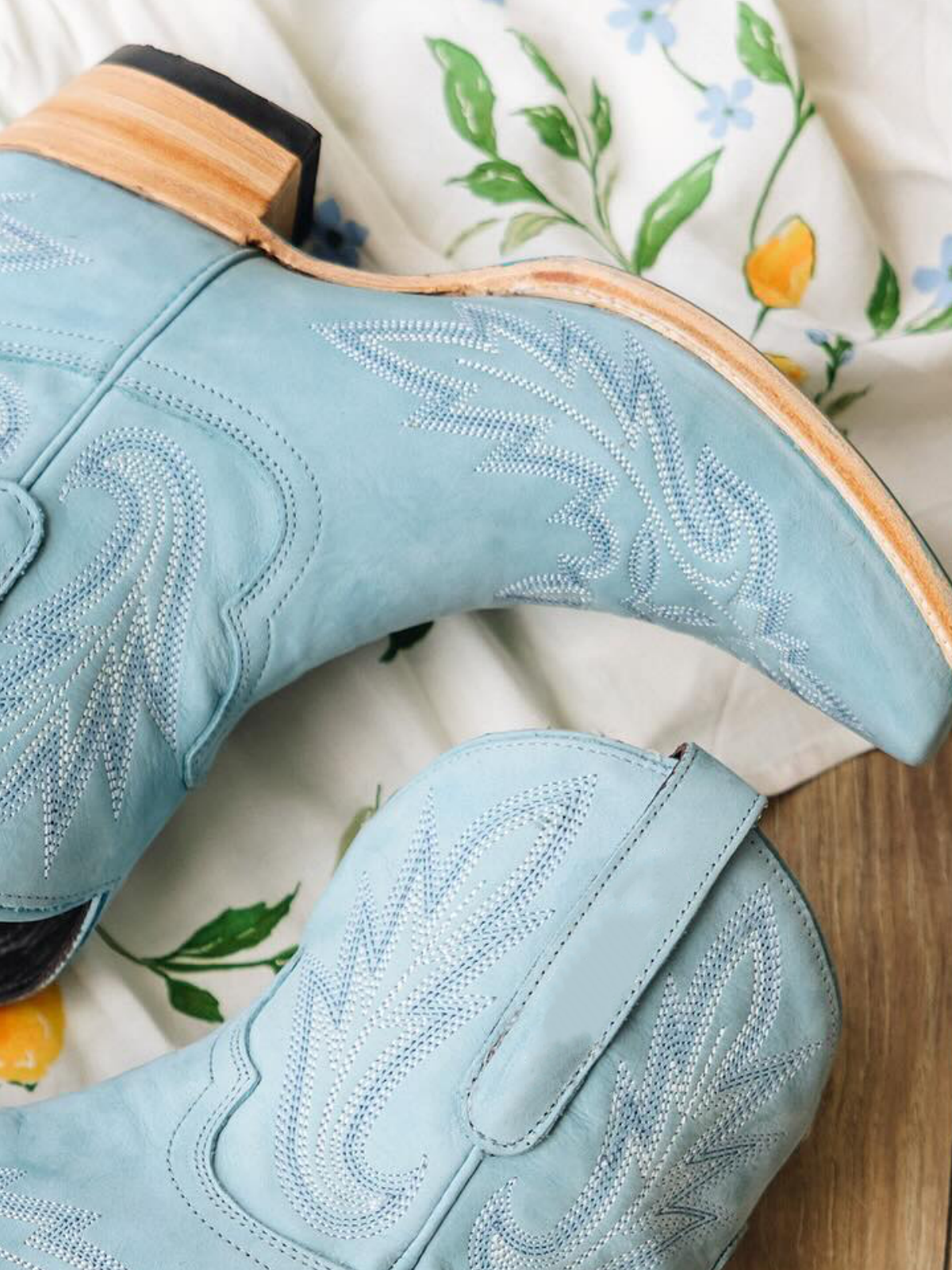 Powder Blue Embroidery Snip-Toe Wide Mid Calf Cowboy Boots For Women