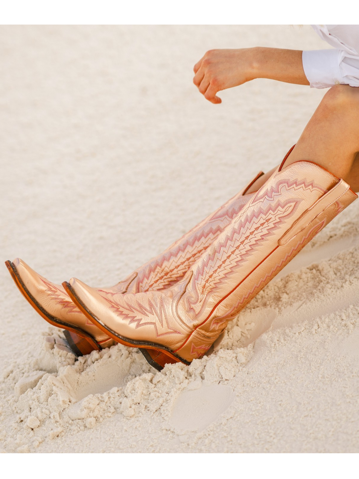 Metallic Snip-Toe Embroidery Wide Calf Knee High Tall Cowgirl Boots - Rose Gold