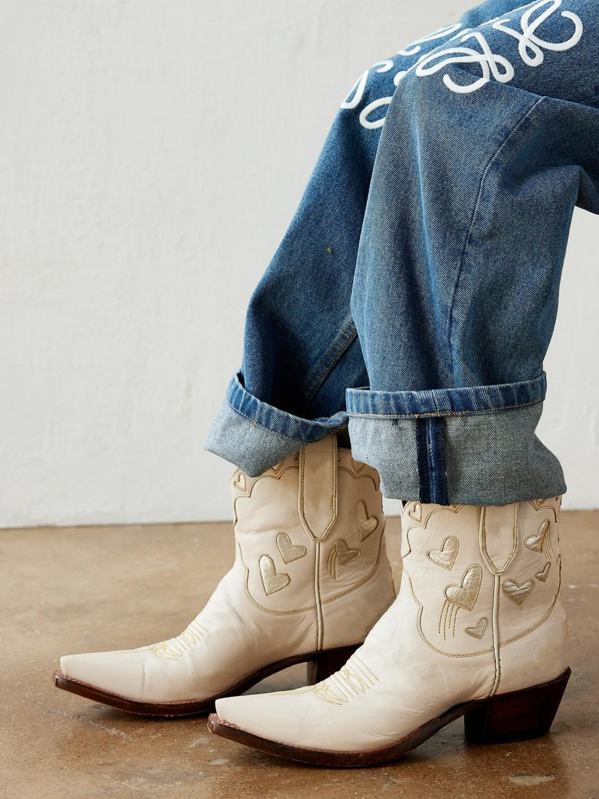 Cream Snip-Toe Western Ankle Booties With Metallic Gold Heart Inlay