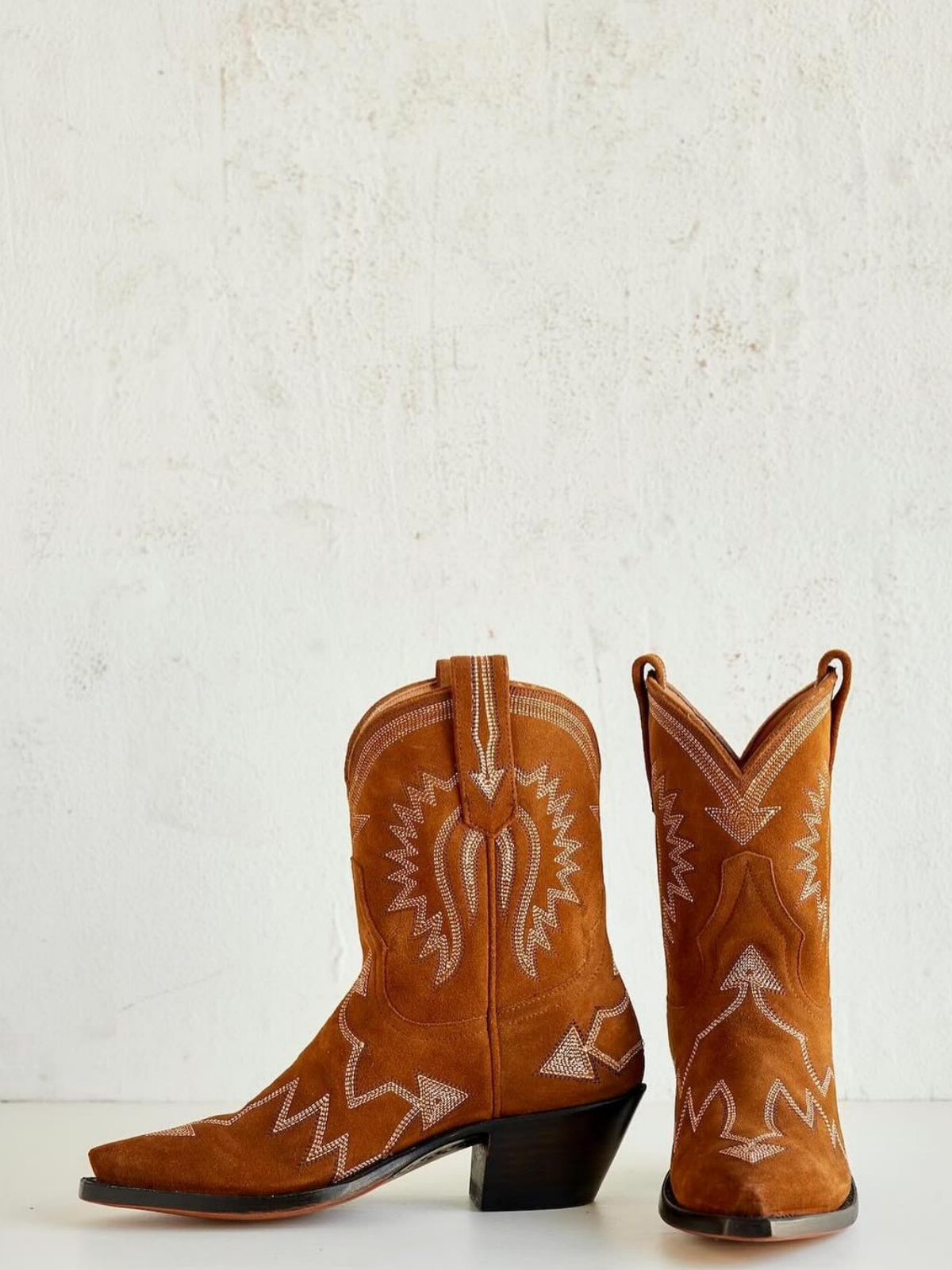 Jagged Embroidery Snip-Toe Wide Mid Calf Cowgirl Boots - Brown Faux Suede