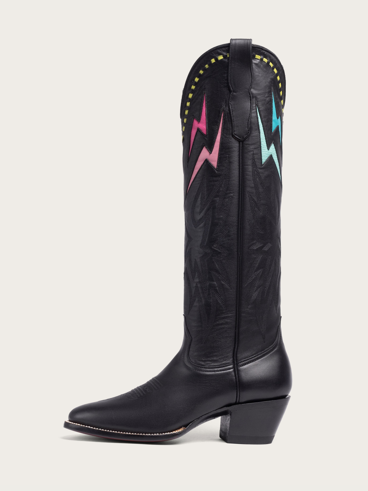 Rainbow Lightning Inlay Stitch Embroidery Almond-Toe Wide Mid Calf Cowgirl Boots - Black