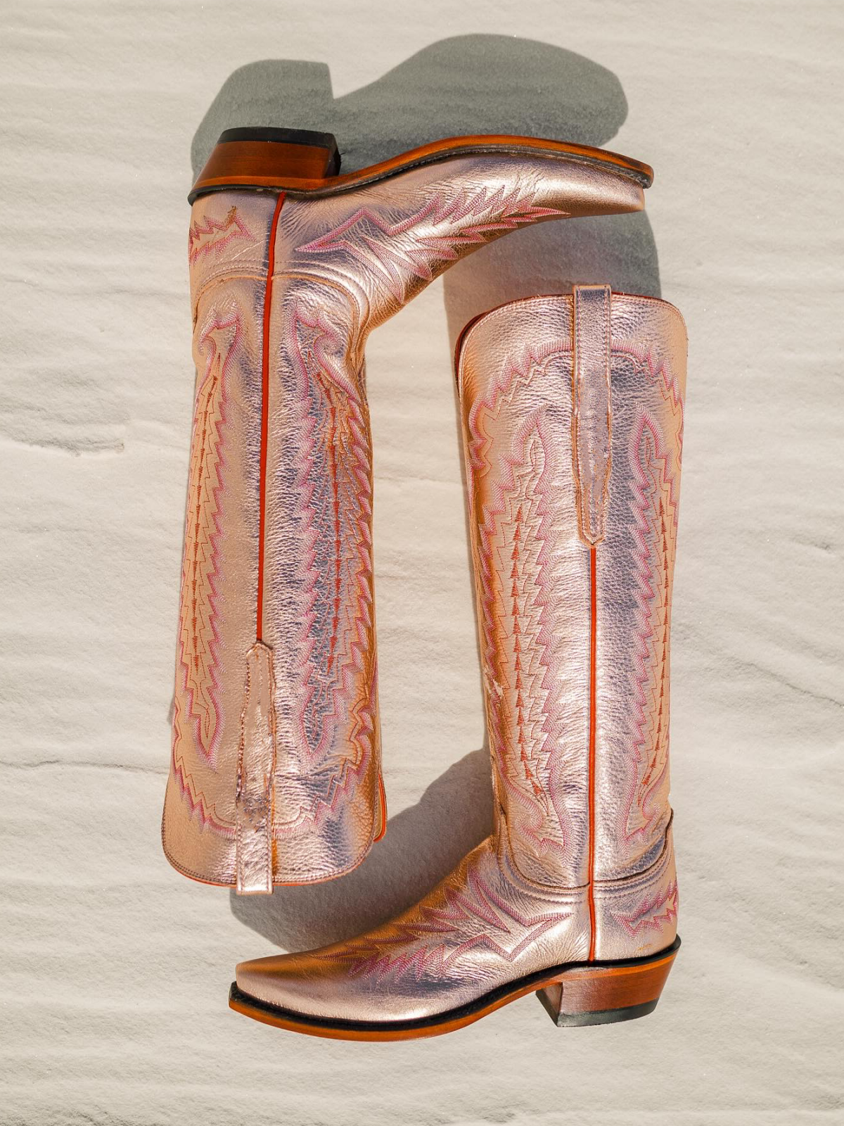 Metallic Snip-Toe Embroidery Wide Calf Knee High Tall Cowgirl Boots - Rose Gold