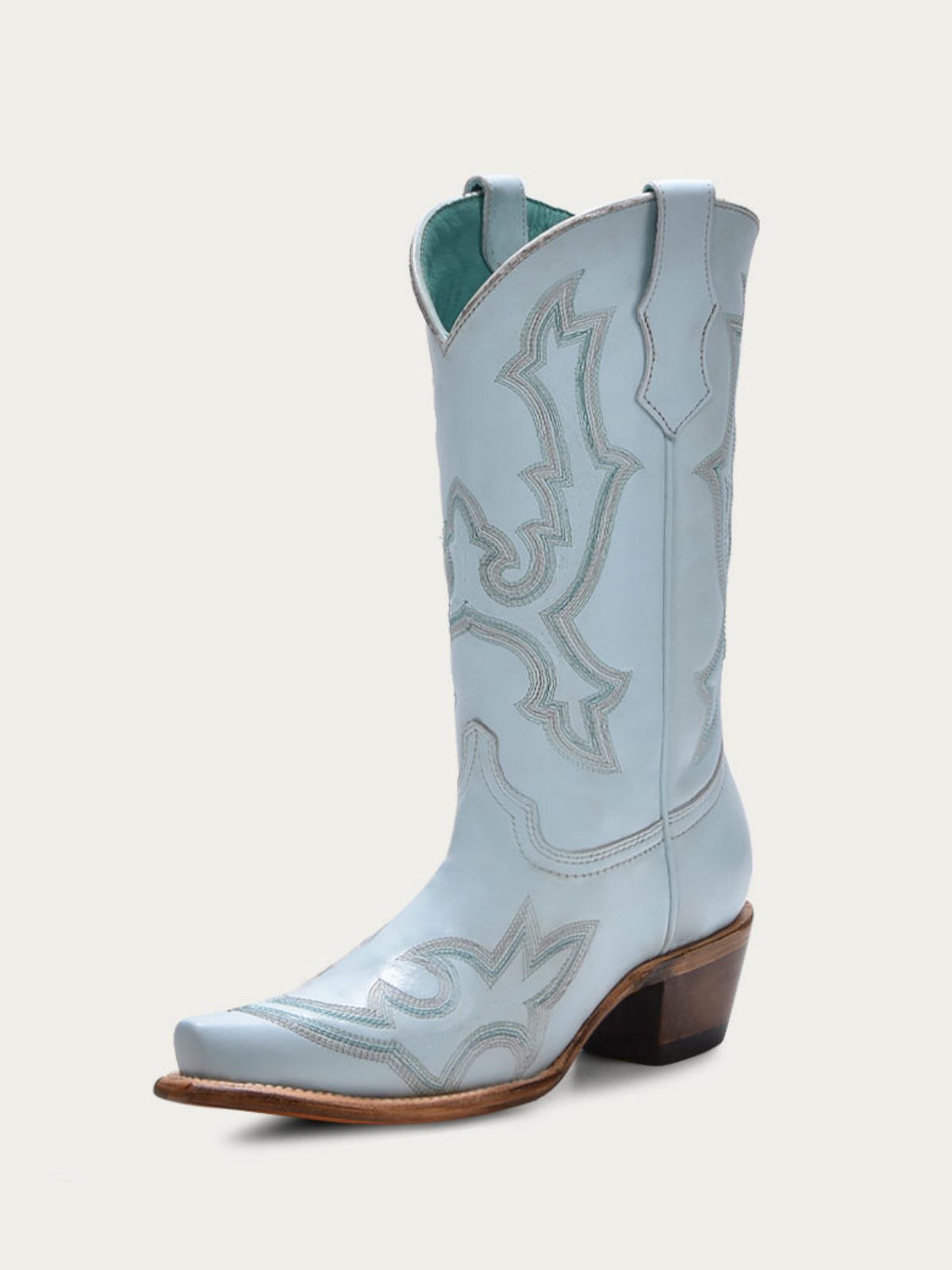 Powder Blue Snip-Toe Embroidery Wide Mid Calf Cowboy Boots For Women