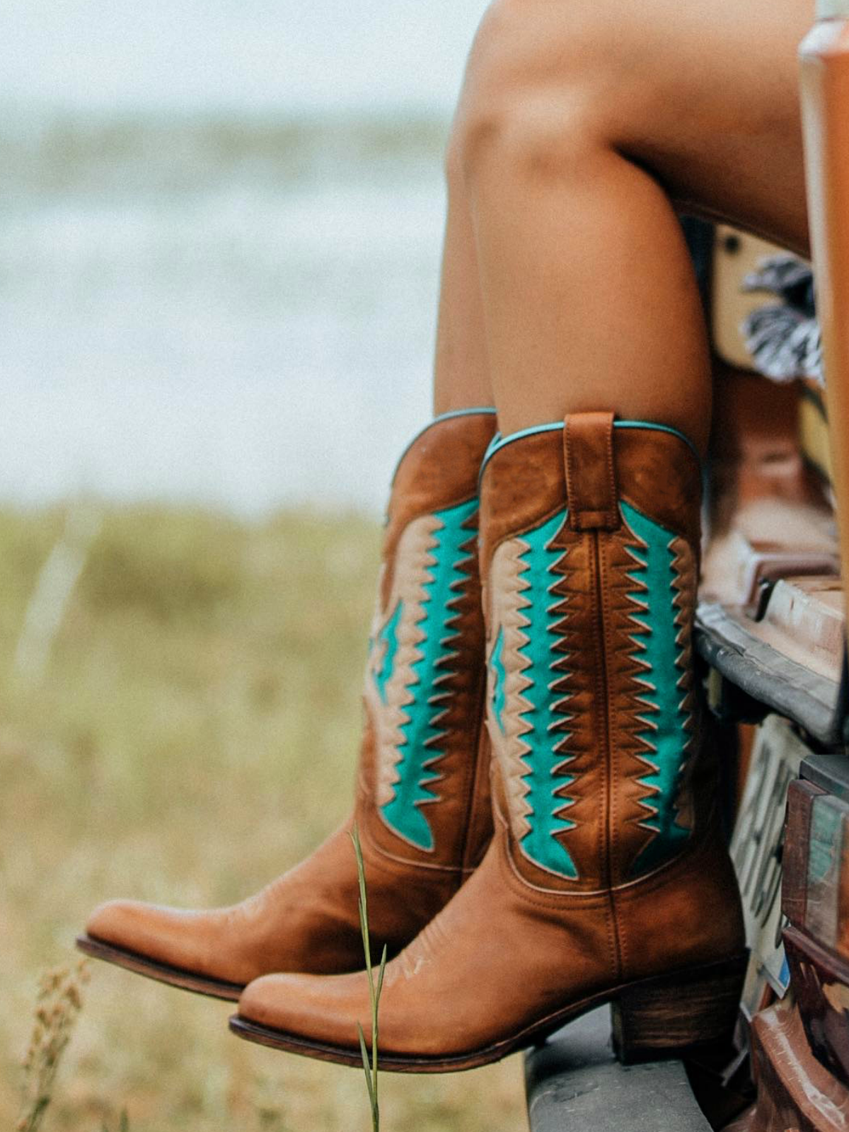 Brown Almond-Toe Wide Mid Calf Cowgirl Boots With Thunderbird Heart Inlay