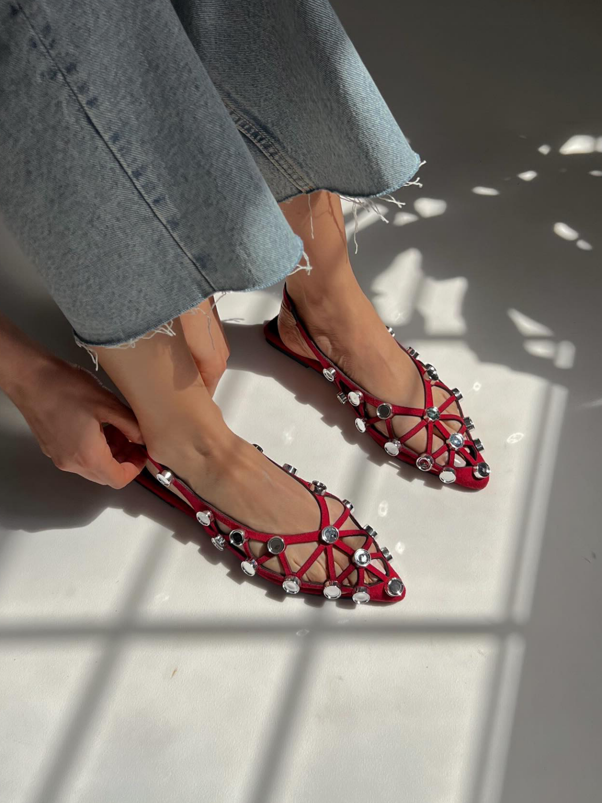 Red Grid Embellished Faux Suede Pointy Ballet Flats Slingbacks