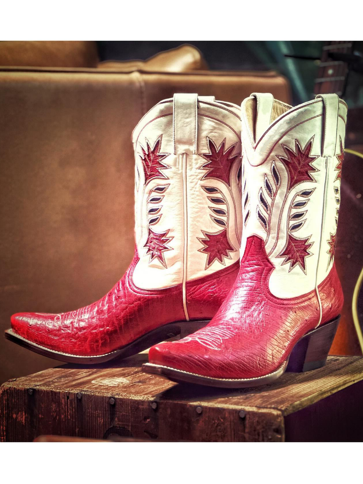 Contrast Crinkle Red And Cream Snip-Toe Inlay Wide Mid Calf Cowgirl Boots