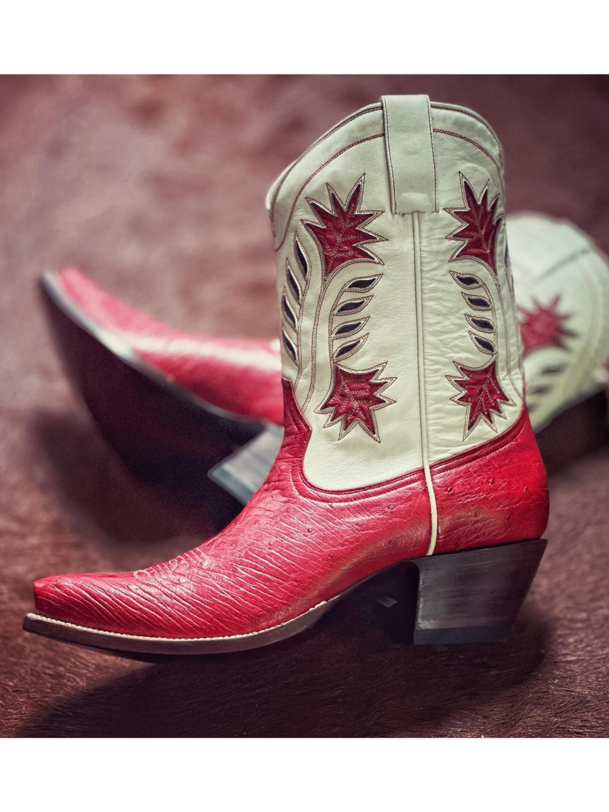 Contrast Crinkle Red And Cream Snip-Toe Inlay Wide Mid Calf Cowgirl Boots