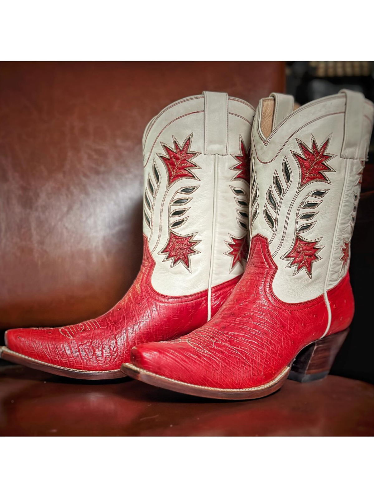 Contrast Crinkle Red And Cream Snip-Toe Inlay Wide Mid Calf Cowgirl Boots