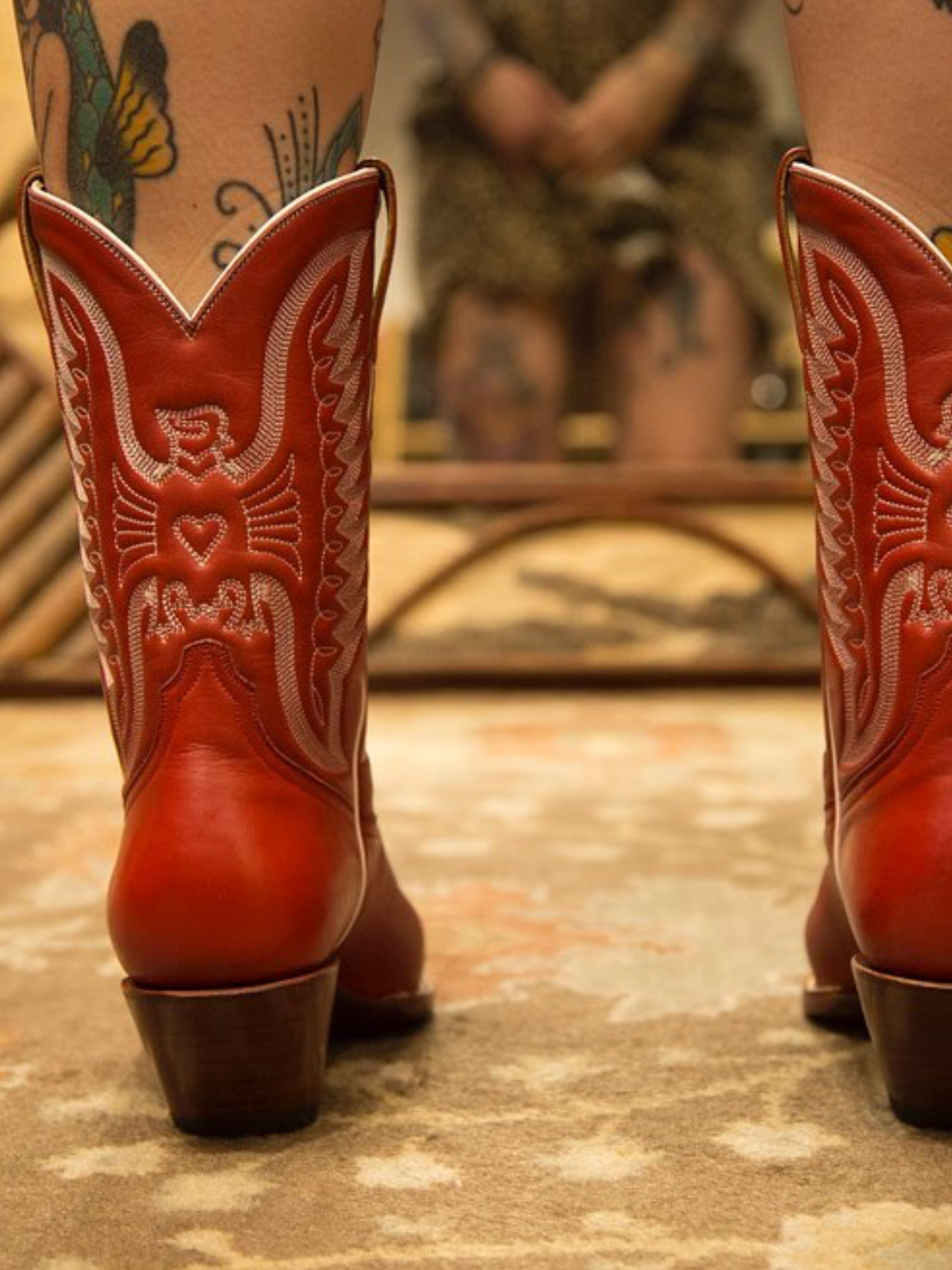 Red Eagle And Heart Embroidery Pointed-Toe Wide Mid Calf Cowgirl Boots