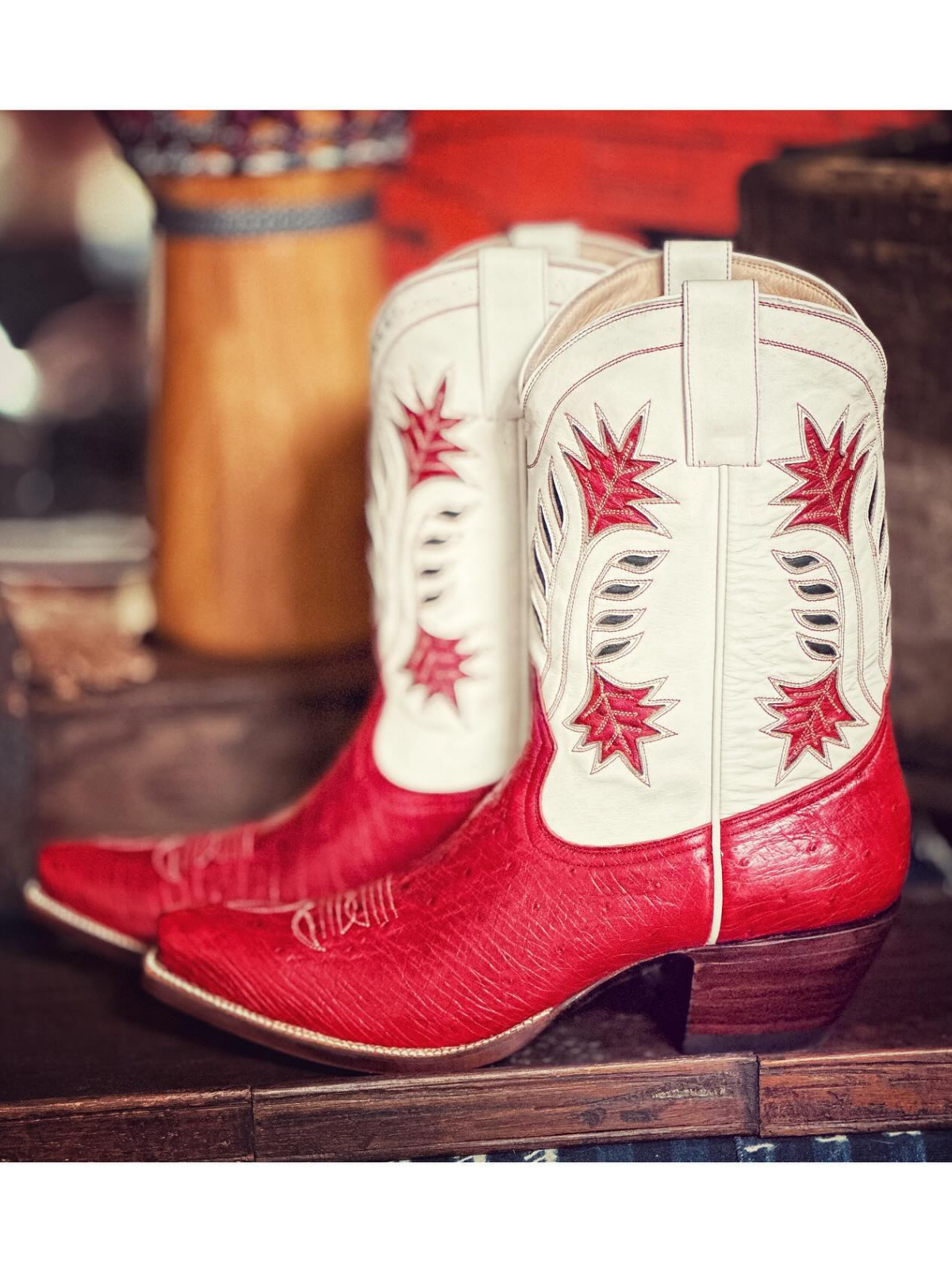 Contrast Crinkle Red And Cream Snip-Toe Inlay Wide Mid Calf Cowgirl Boots