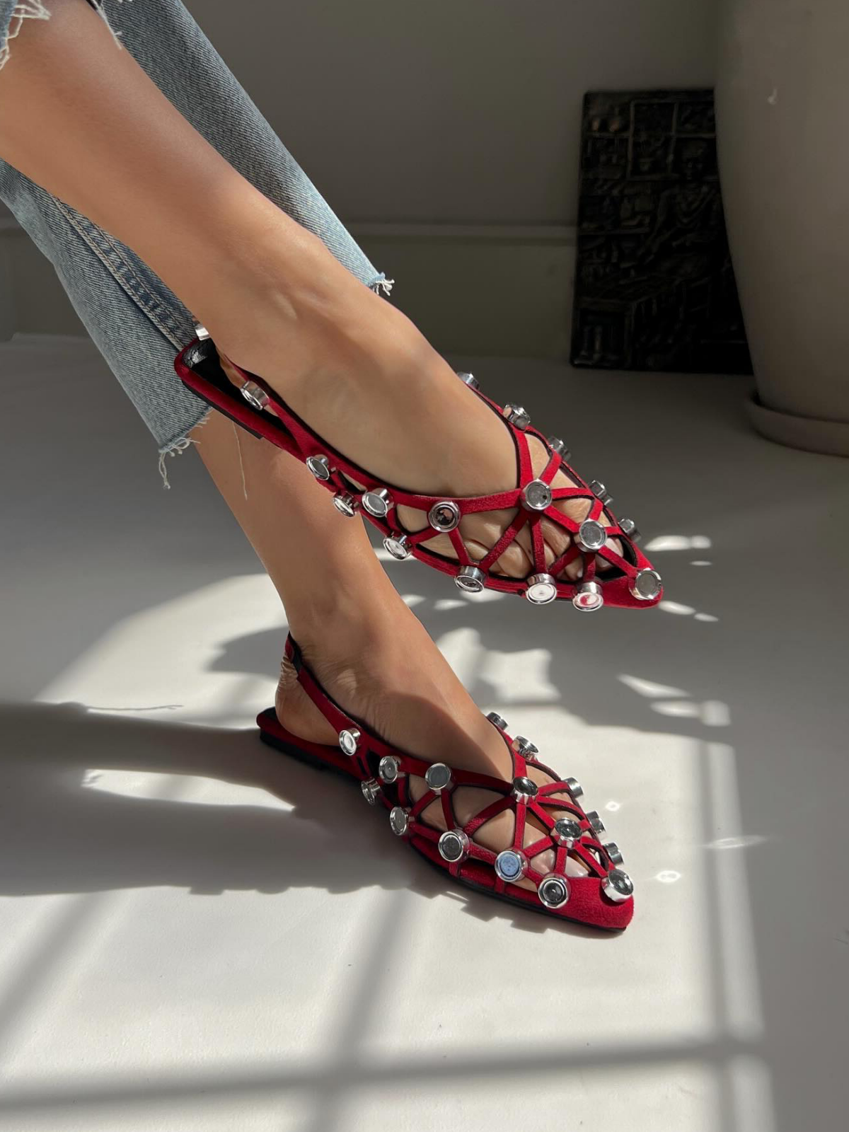 Red Grid Embellished Faux Suede Pointy Ballet Flats Slingbacks