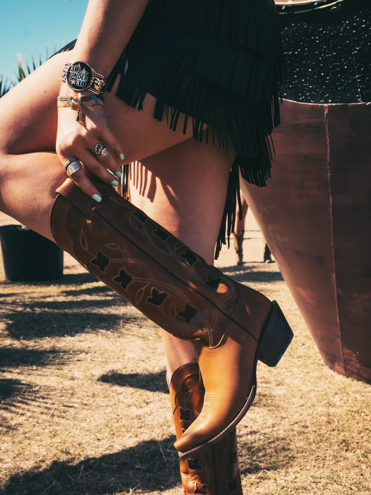 Cognac Snip-Toe Wide Mid Calf Western Cowgirl Boots With Red Flower Inlay