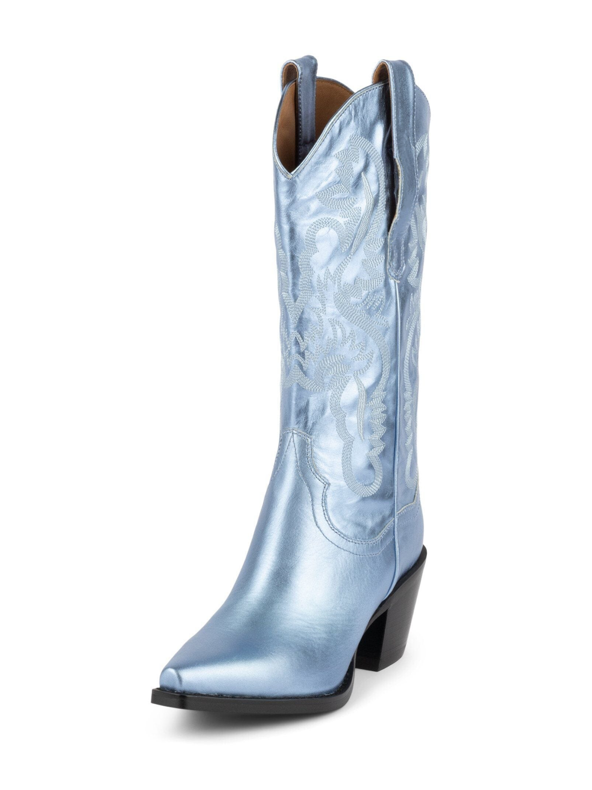 Metallic Light Blue Snip-Toe Western Embroidery Wide Mid Calf Tall Cowgirl Boots