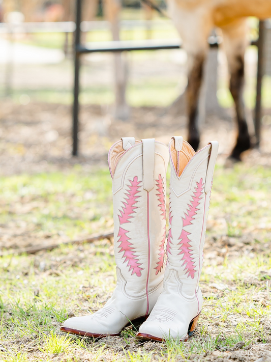 White Almond-Toe Wide Calf Cowgirl Boots Knee High Tall Boots With Pink Inlay