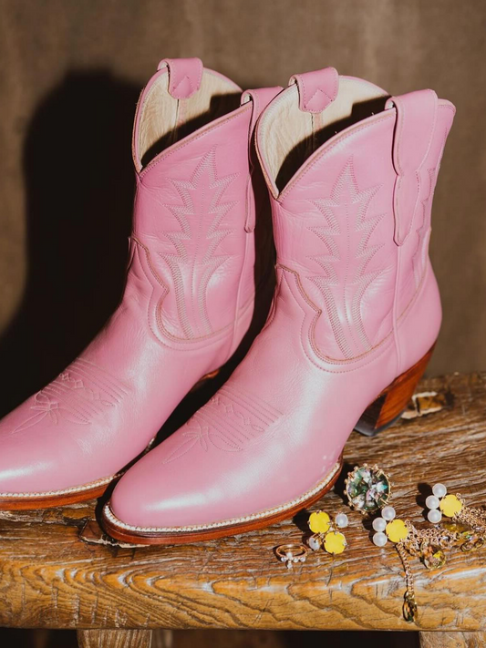 Pink Almond-Toe Embroidery Wide Mid Calf Western Boots For Women