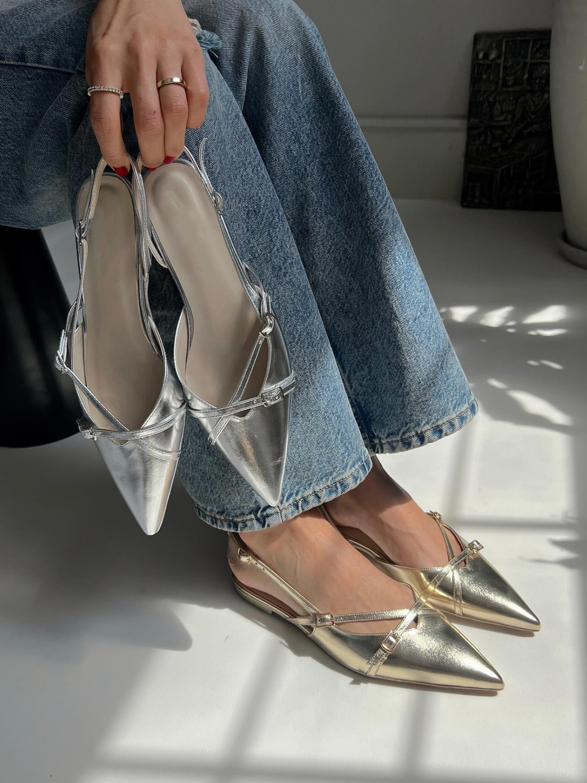 Metallic Gold Buckled Belt Detail Pointy Ballet Flats Slingbacks