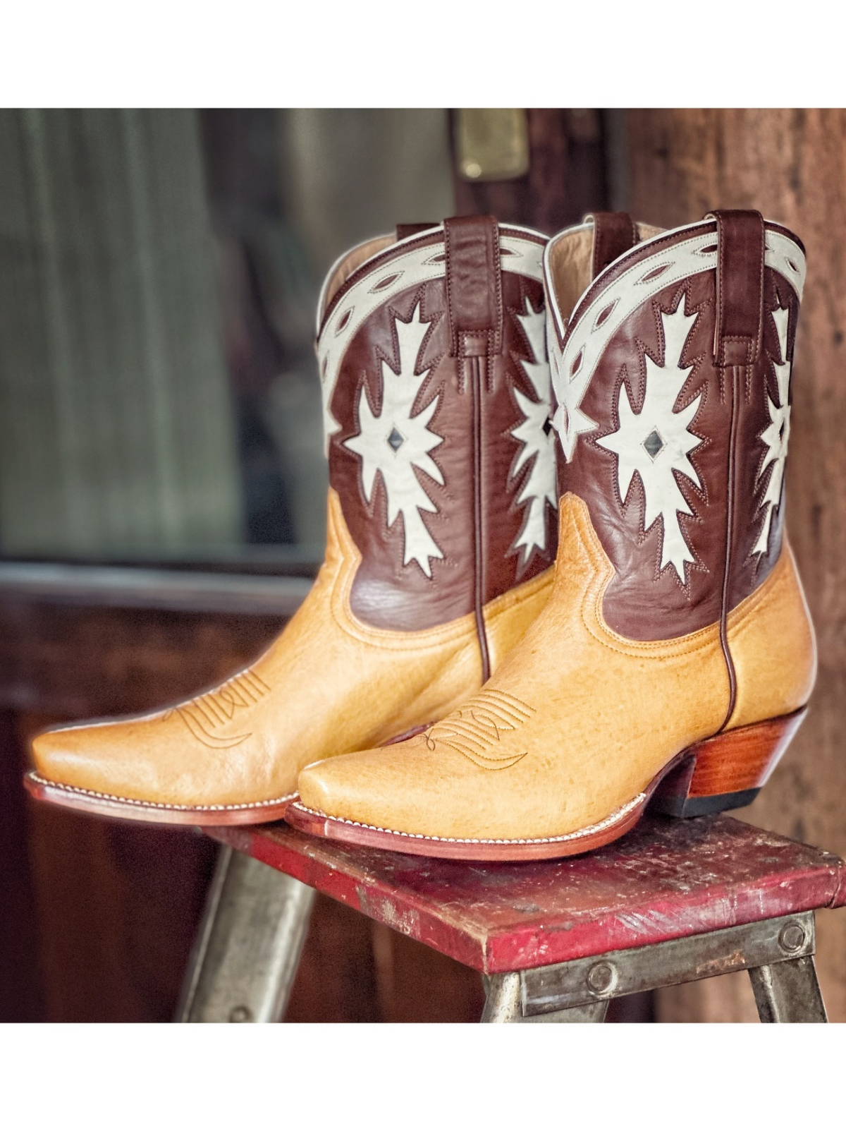 Contrast Tan And Brown Snip-Toe White Inlay Wide Mid Calf Cowgirl Boots