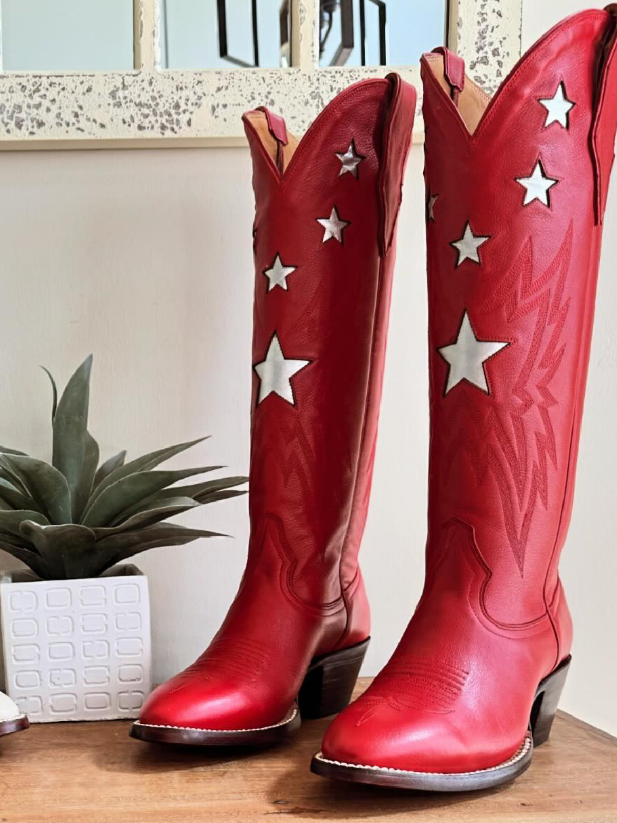 Metallic Star Inaly Embroidery Almond-Toe Wide Mid Calf Tall Cowgirl Boots - Red