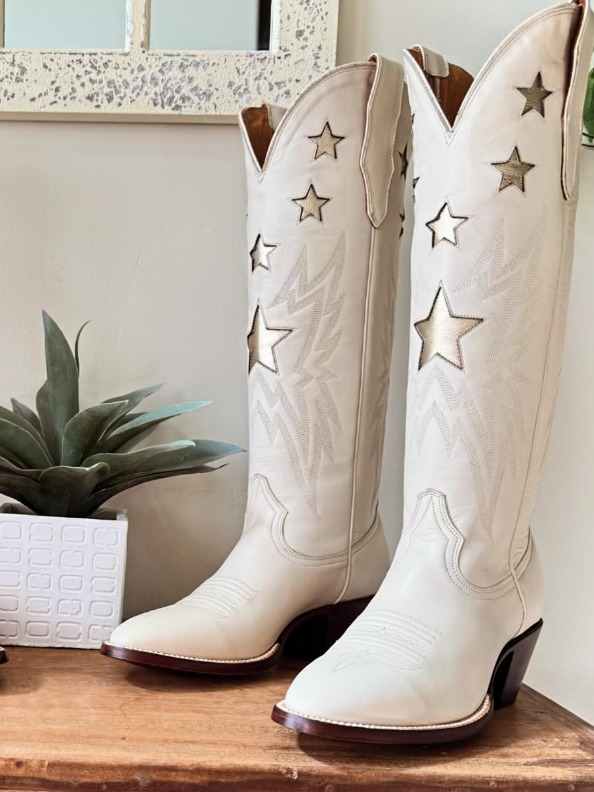 Metallic Star Inaly Embroidery Almond-Toe Wide Mid Calf Tall Cowgirl Boots - Bone