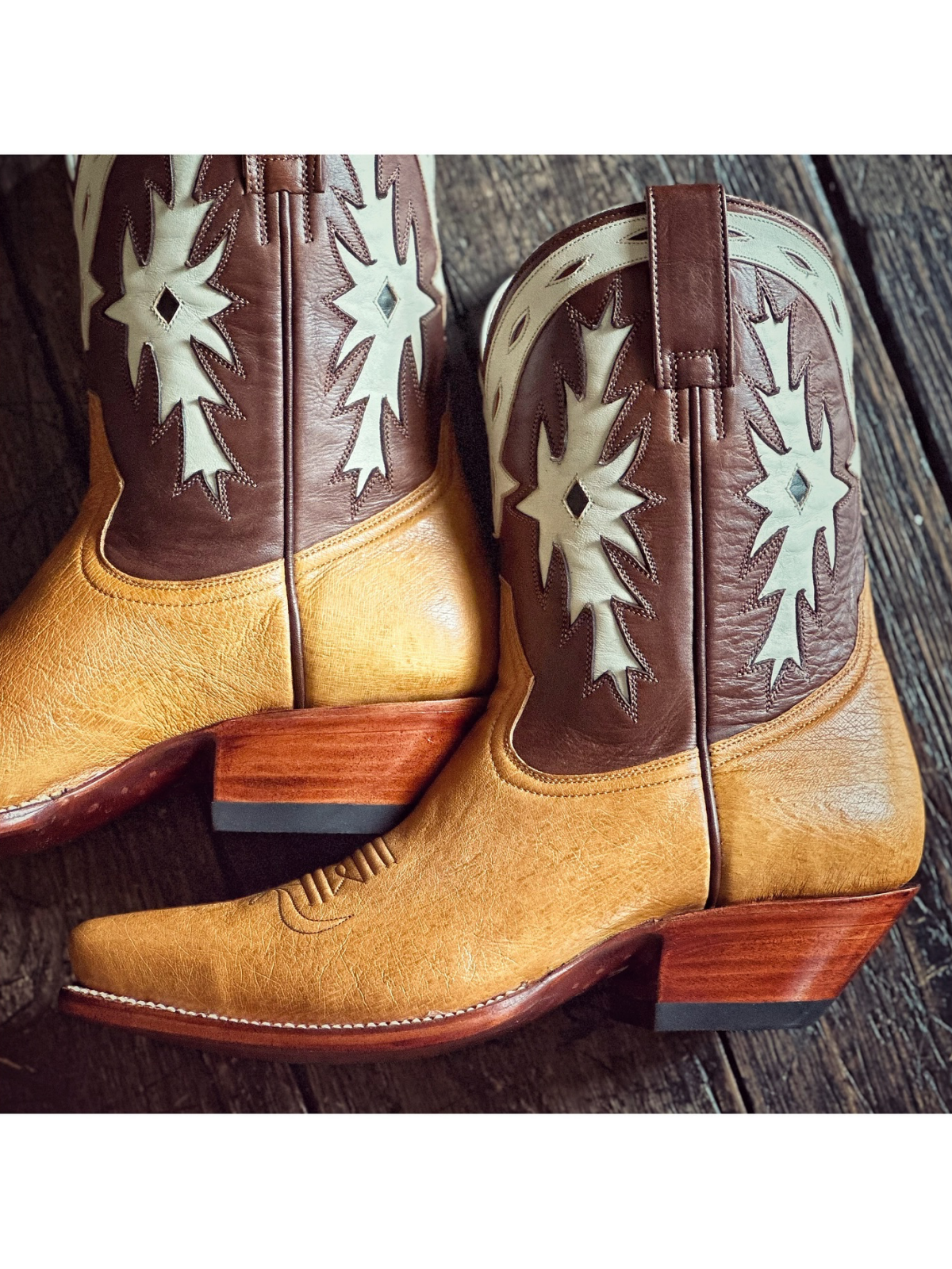 Contrast Tan And Brown Snip-Toe White Inlay Wide Mid Calf Cowgirl Boots