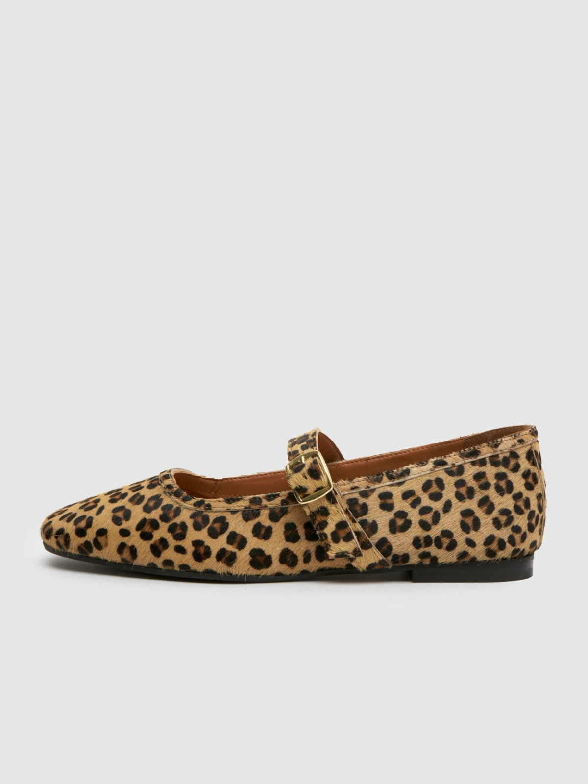 Leopard Faux Fur Square-Toe Bridge Strap Mary Janes Ballet Flats