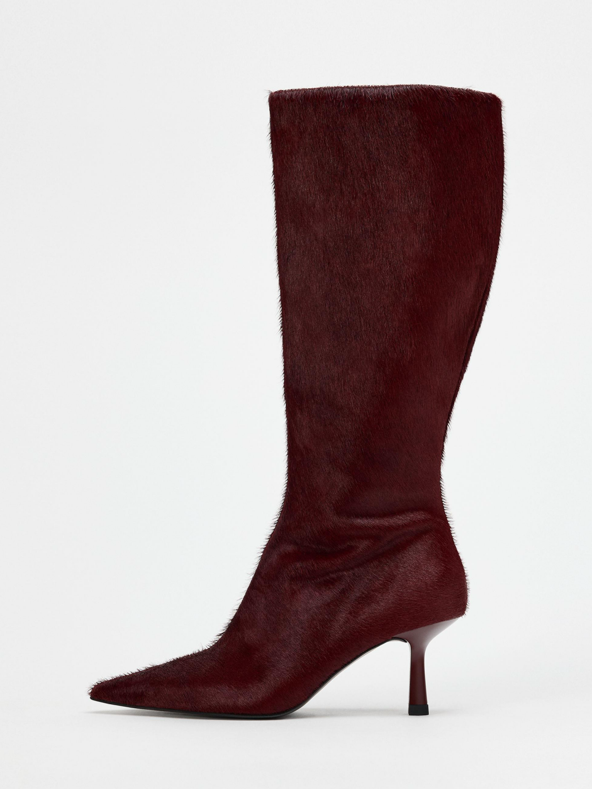 Burgundy Faux Pony Hair Vegan Leather Pointed-Toe Full-Zip Mid Calf Stiletto Boots