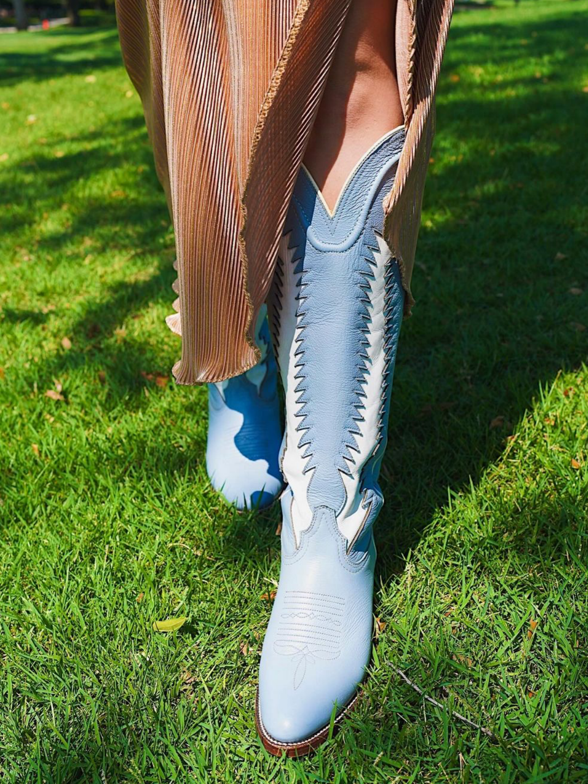 White Inlay Almond-Toe Wide Calf Knee High Tall Cowgirl Boots - Pastel Blue