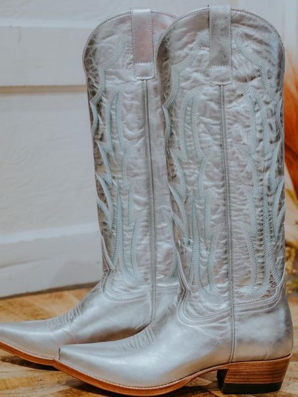 Metallic Silver Embroidery Snip-Toe Wide Mid Calf Cowboy Tall Boots For Women