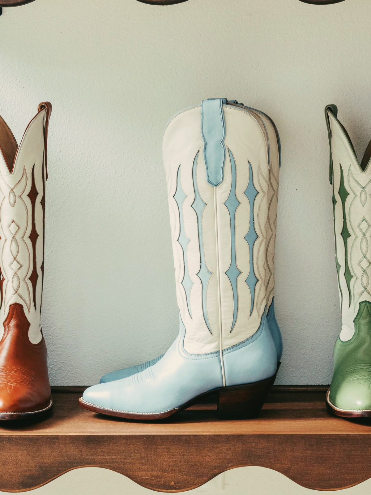 Baby Blue Contrast Inlay Stitch Almond-Toe Wide Mid Calf Western Cowgirl Boots