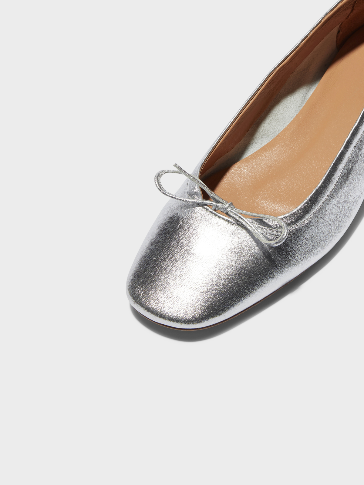 Metallic Silver Square-Toe Ballet Bow Flats