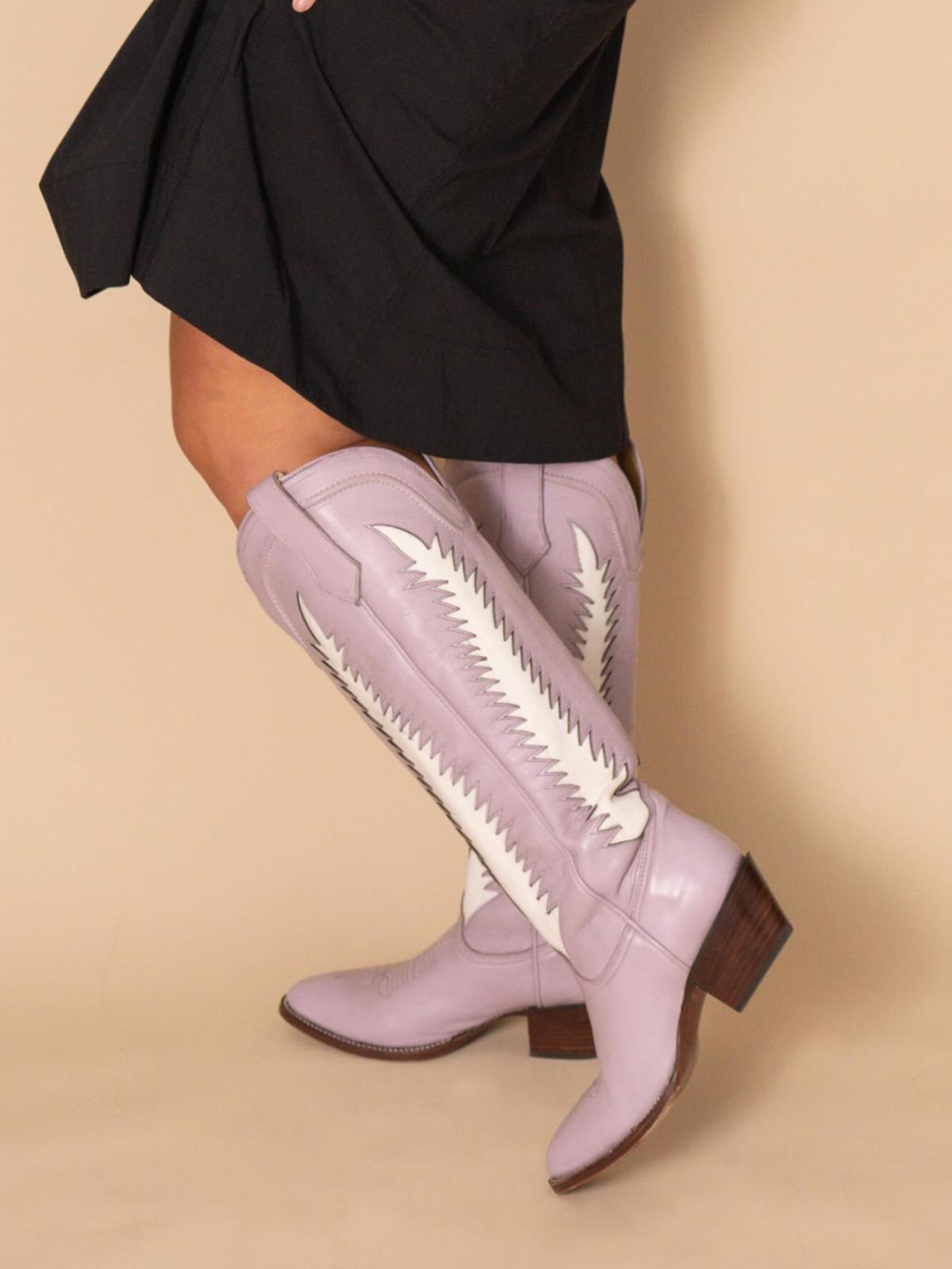 White Inlay Almond-Toe Wide Calf Knee High Tall Cowgirl Boots - Lavender