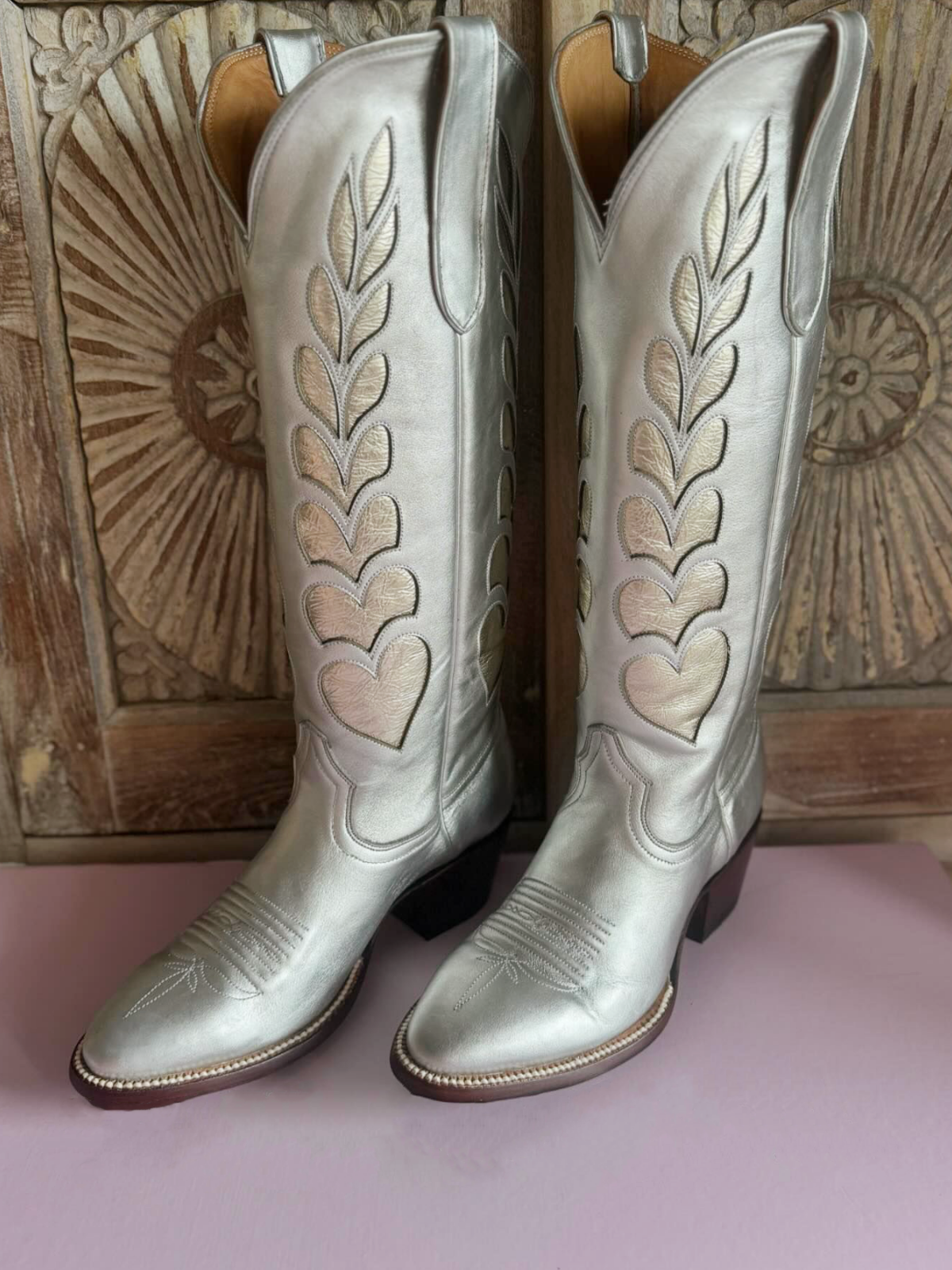 Metallic Heart Inaly Almond-Toe Wide Mid Calf Tall Cowgirl Boots - Silver