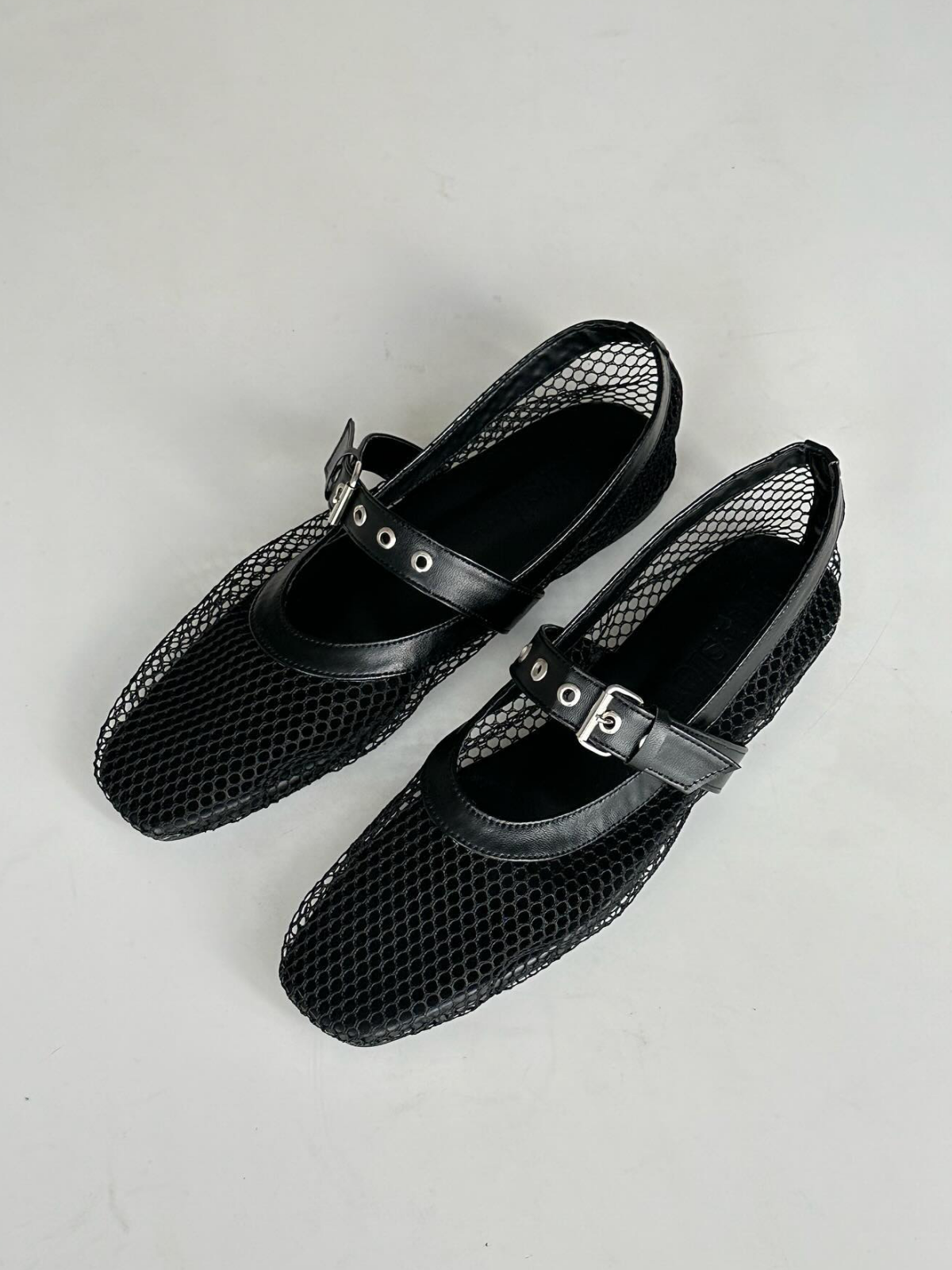 Black Fishnet Square Toe Ballet Flats Grommet Buckle Strap Mary Janes