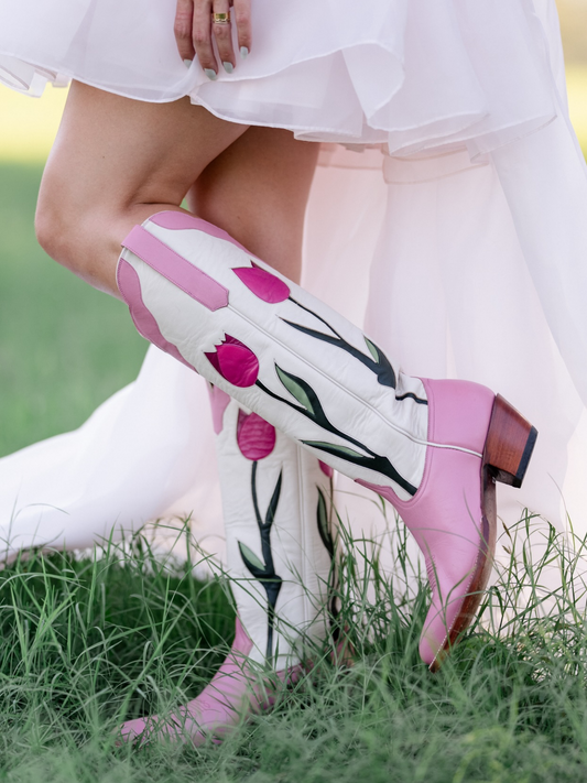 Contrast Pink And Ivory Almond-Toe Tulip Inlay Wide Calf Knee High Cowgirl Boots