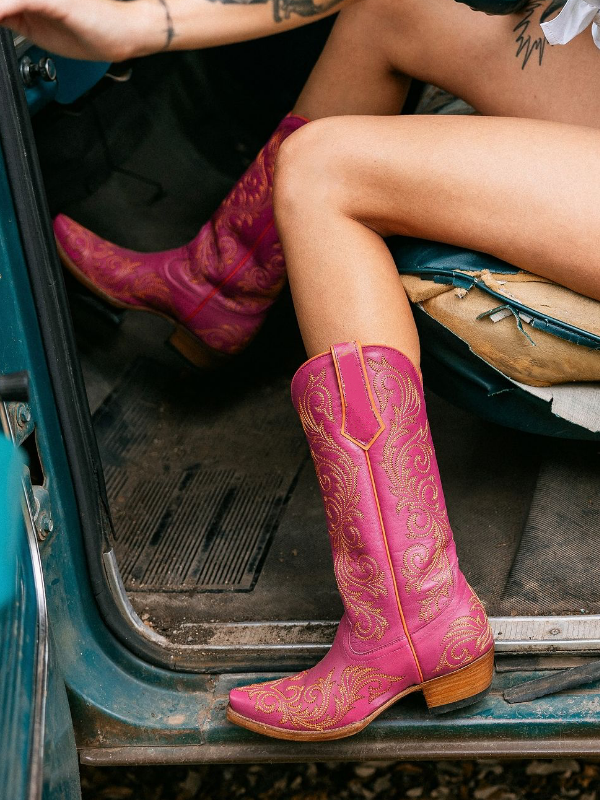 Pink Snip-Toe Embroidery Wide Mid Calf Cowgirl Tall Boots