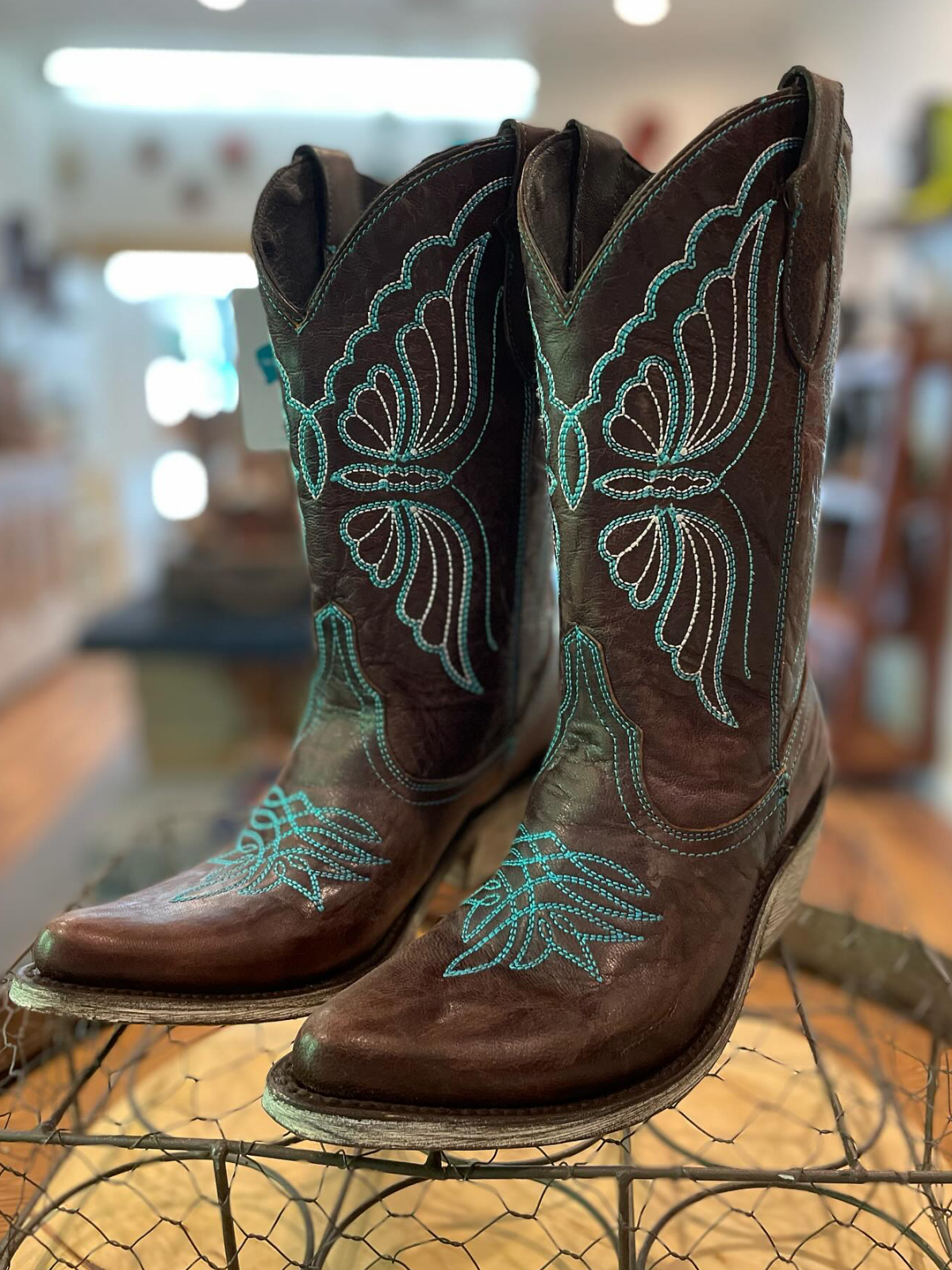 Butterfly Embroidery Almond-Toe Wide Mid Calf Cowgirl Boots - Dark Brown