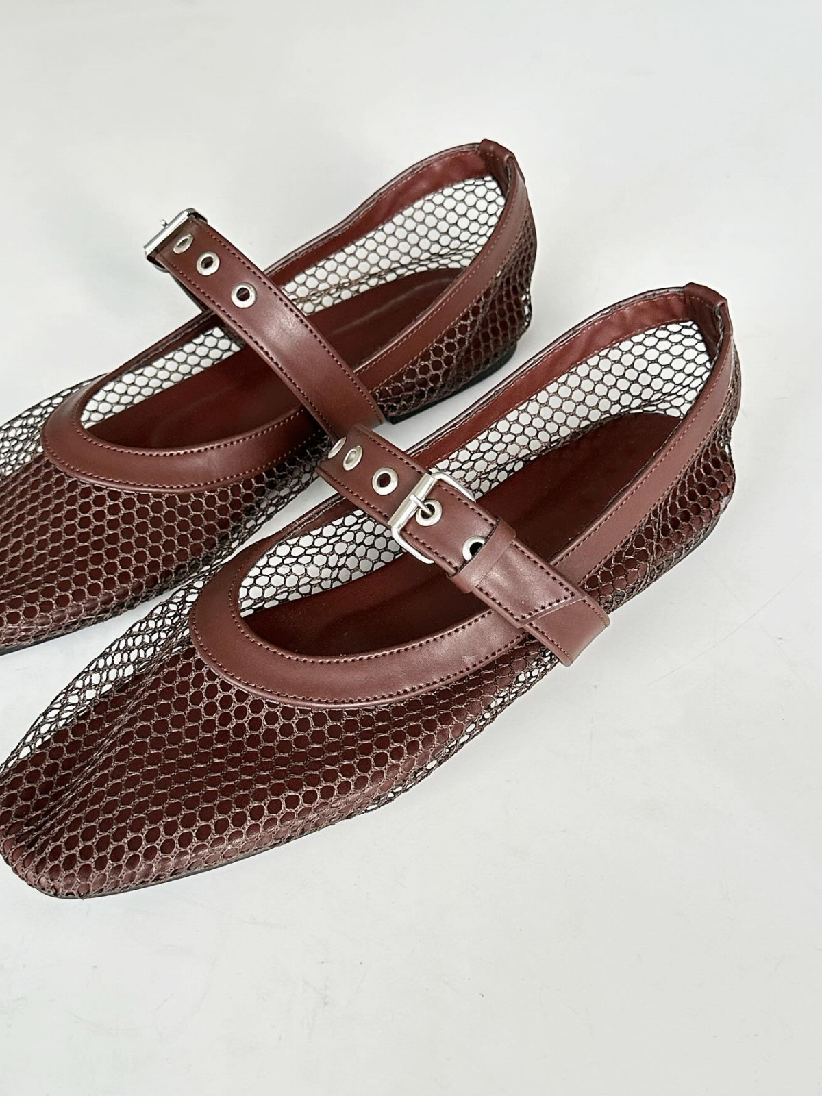 Dark Brown Fishnet Square Toe Ballet Flats Grommet Buckle Strap Mary Janes