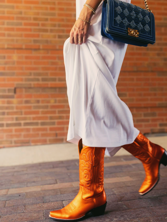 Metallic Orange Embroidered Snip-Toe Mid Calf Western Boots Wide Calf Cowgirl Boots