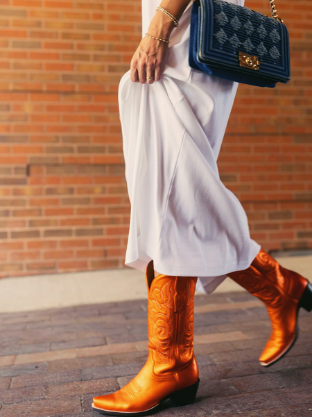 Metallic Orange Embroidered Snip-Toe Mid Calf Western Boots
