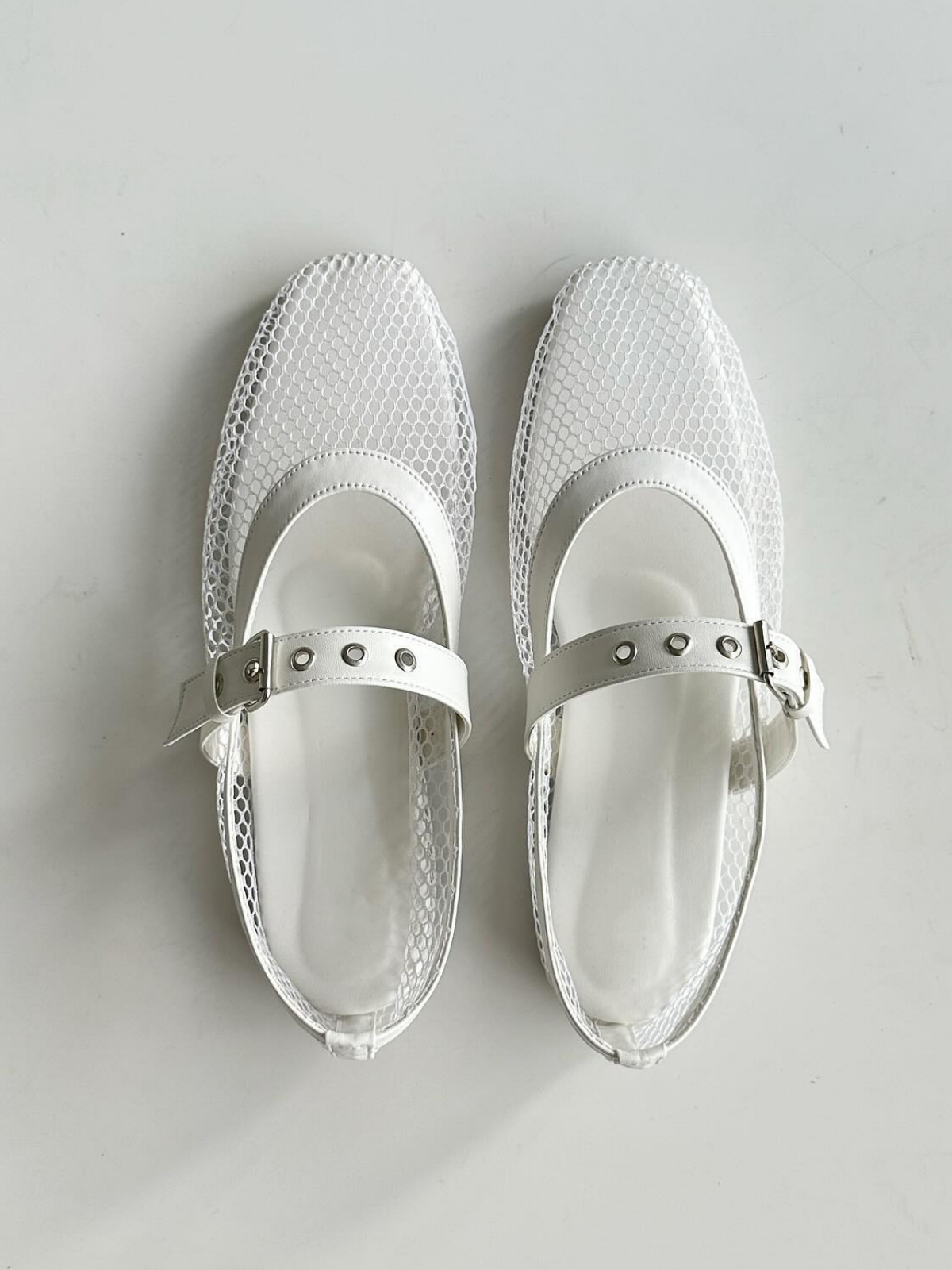 White Fishnet Square Toe Ballet Flats Grommet Buckle Strap Mary Janes