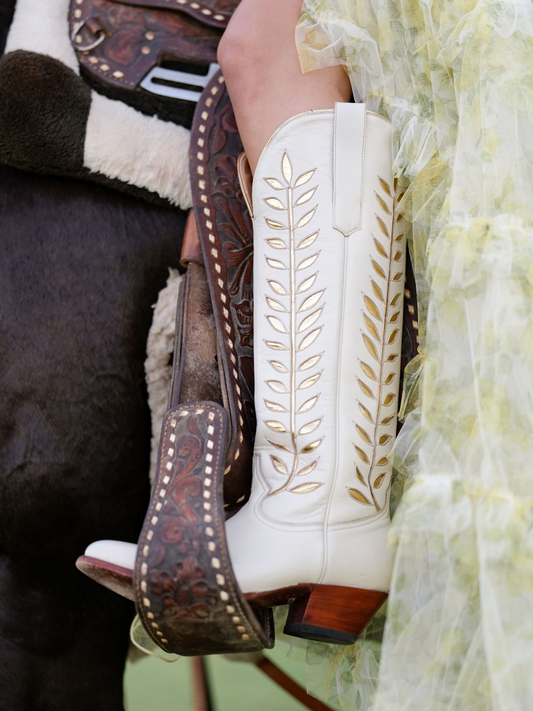 Almond-Toe Metallic Gold Leaves Inlay Wide Calf Tall Knee High Cowgirl Boots - White