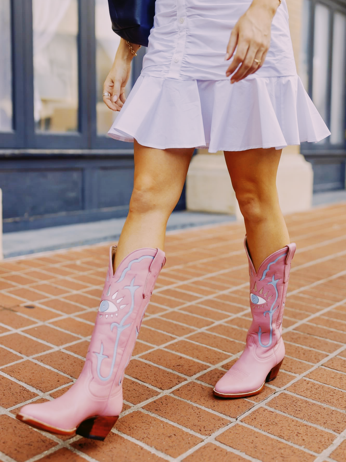 Pink Evil Eye Inlay Almond-Toe Wide Mid Calf Western Cowgirl Tall Boots