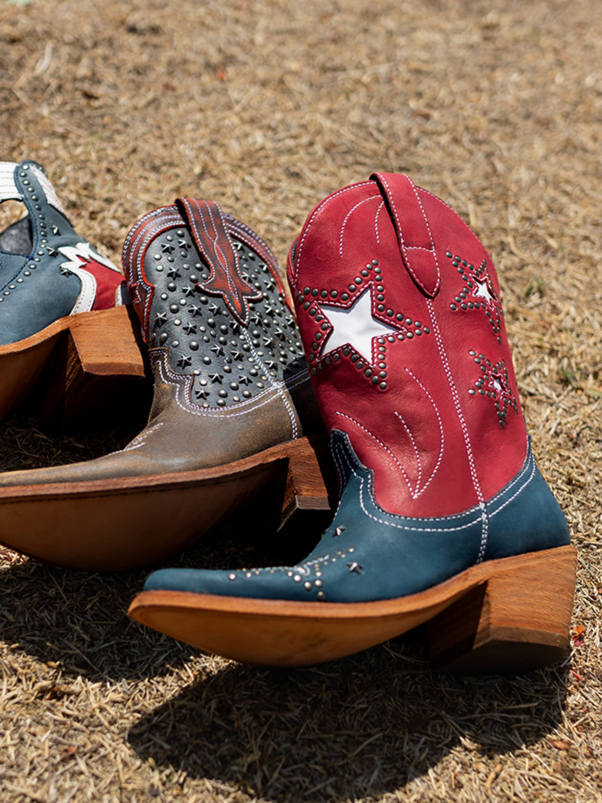 Contrast Red And Blue Almond-Toe Star Inlay And Applique Studded Wide Mid Calf Cowgirl Boots