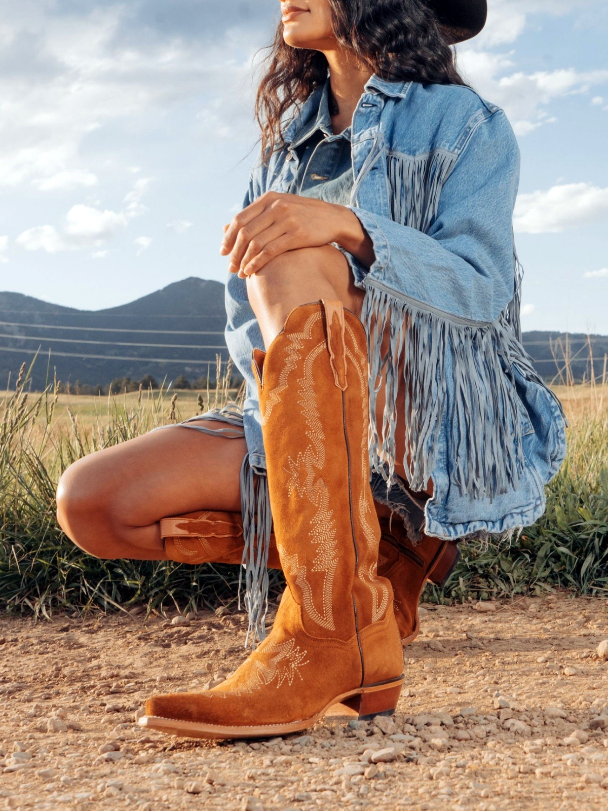 Brown Embroidery Faux Suede Snip-Toe Zip Cowgirl Boots Knee High Tall Boots