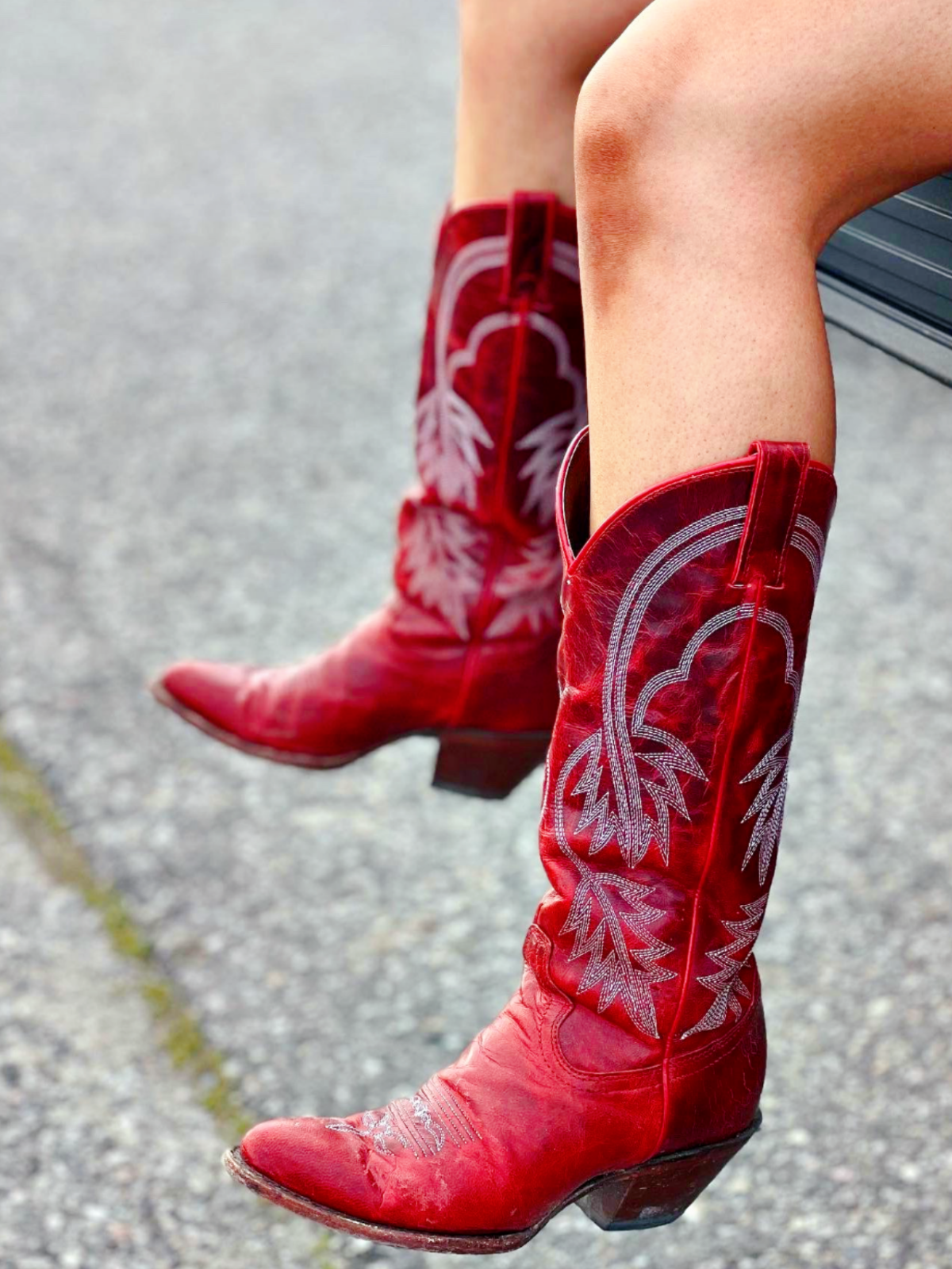 Red Almond-Toe Fallen Leaves Embroidery Wide Mid Calf Tall Cowgirl Boots