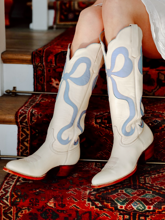 White Almond-Toe Wide Calf Western Boots Knee High Tall Boots With Blue Bowknot Inlay