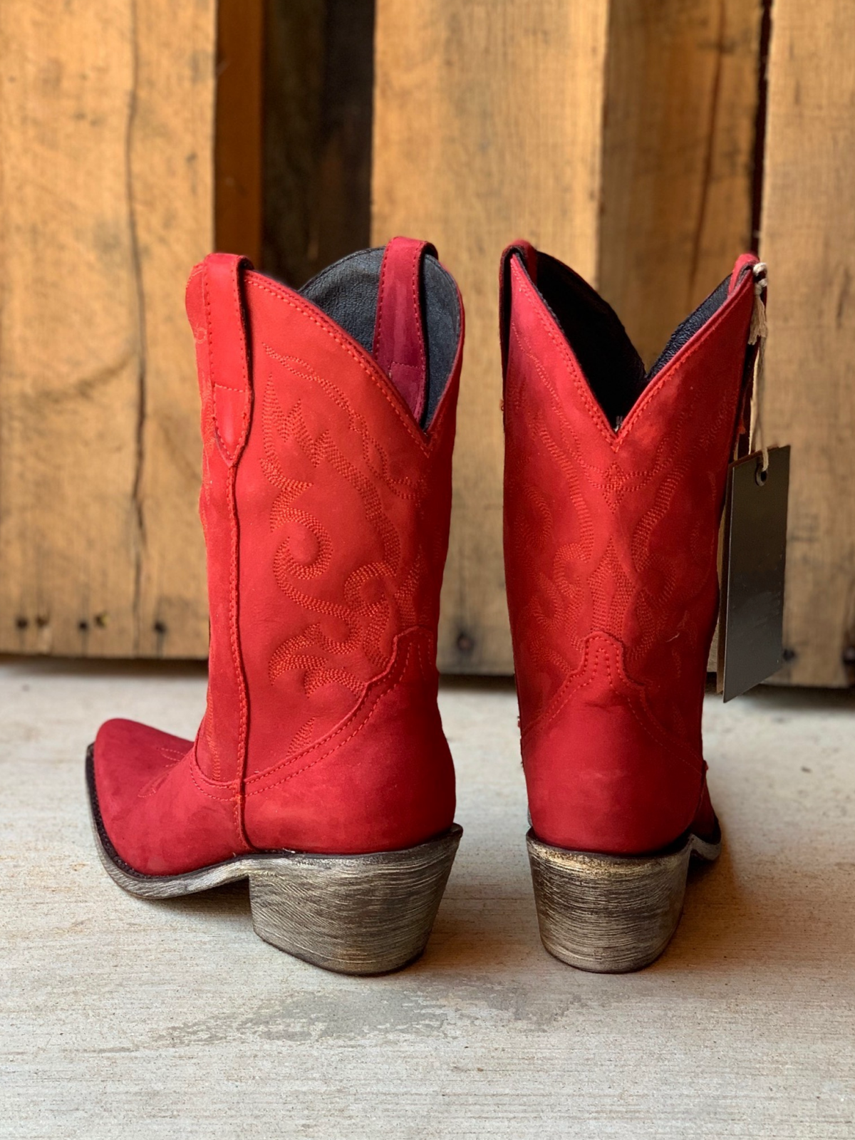 Red Faux Suede Snip-Toe Embroidery Wide Mid Calf Cowgirl Boots