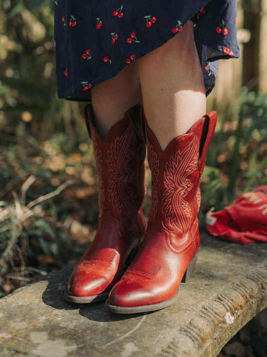 Rose Red Embroidery Almond-Toe Wide Mid Calf Cowgirl Boots