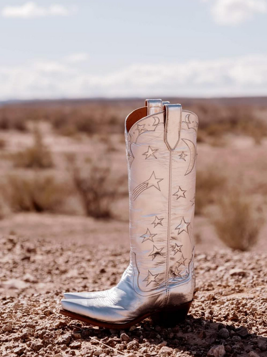 Mirrored Silver Moon Star Inlay Applique Mid Calf Cowgirl Tall Boots - Metallic Silver