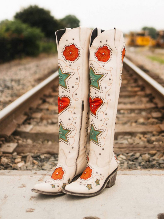 Ivory Studded Hearts Stars Flowers Inlay Metal Stars Applique Half-Zip Over-The-Knee Cowgirl Boots